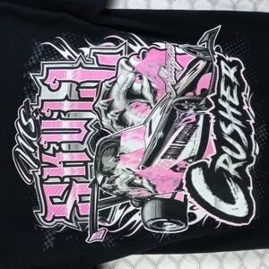 Small Ms Skull Crusher drag racing black and pink short sleeve tee